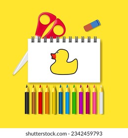 Back to school background. Pencils, scissors and eraser in a realistic style. Drawn yellow duck in a notebook and school supplies