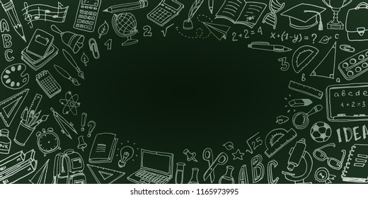 Back to School background with place for text. Hand drawn school supplies - big set. Doodle lettering and school object collection. Sketch icon. Education Concept. Vector illustration.