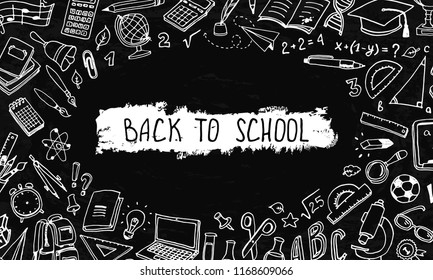 Back to School background with place for text. Hand drawn school supplies - big set. Doodle lettering and school object collection. Sketch icon. Education Concept. Vector illustration.