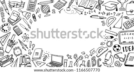 Back to School background with place for text. Doodle school supplies collection. Sketch icon set. Education Concept. Vector illustration.