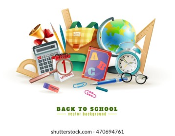Back to school background poster for with office stationary supply items alarm clock and classroom accessories vector illustration 