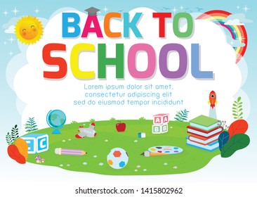 Back to school background poster. school supplies on the grass, welcome back to school banner ,Cute school kids.education concept, Template for advertising brochure, your text ,Vector Illustration