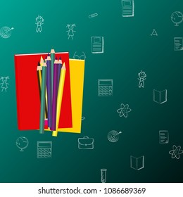 Back to school background, poster and wallpaper design with stationery items, and green background.