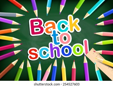 Back to school background. Rainbow pencils on the green blackboard. Vector EPS10.