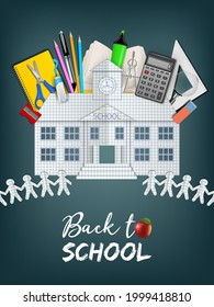 back to school background with realistic school supplies 