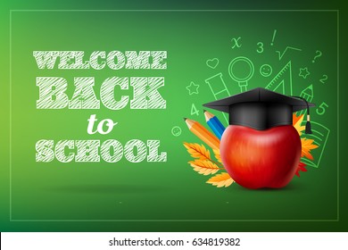 Back to school background. Red apple with graduation hat and office accessories over blackboard.