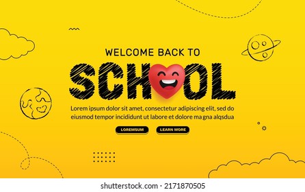 Back to School background with red heart smiling. Online courses, learning and tutorials Web page template. Online education concept