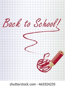 Back to school background with a red pencil and apple, vector illustration