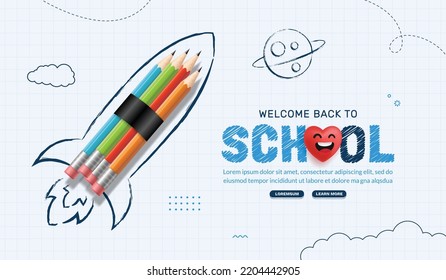 Back to School background with rocket pencil launching to space. Online learning and Web page template, Digital Education concept