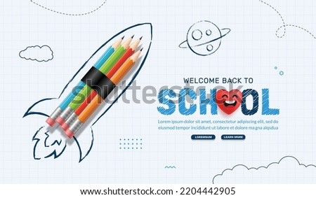 Back to School background with rocket pencil launching to space. Online learning and Web page template, Digital Education concept