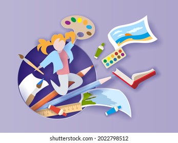 Back to school background with round hole. Paper cut cartoon Girl loving painting with color palette and paint brush paper cut craft style. Vector illustration.