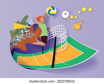 Back to school background with round hole. Paper cut cartoon boy playing volleyball in trendy paper cut craft style. Modern origami teaching and learning design. Vector illustration.