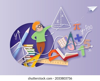Back to school background with round hole. Paper cut cartoon Little boy math student learning mathematic in trendy paper cut craft style. Vector illustration.