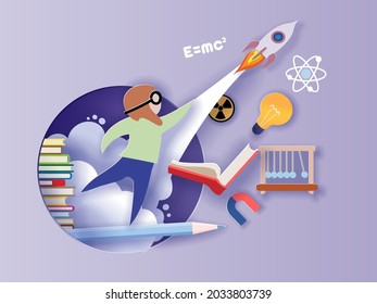 Back To School Background With Round Hole. Paper Cut Cartoon Little Boy Starting Rocket Learning Physics In Trendy Paper Cut Craft Style. Vector Illustration.