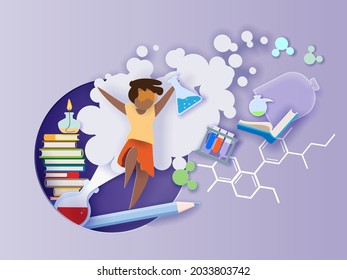 Back to school background with round hole. Paper cut cartoon Little girl jump happy with retort learning chemistry in trendy paper cut craft style. Vector illustration.