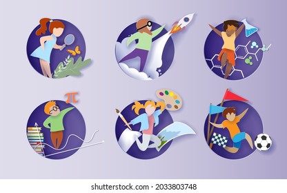 Back to school background with round hole. Paper cut cartoon children learning biology, physics, mathematics, chemistry, painting and sport in trendy paper cut craft style. Vector illustration.