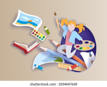 Back to school background with round hole. Paper cut cartoon Girl loving painting with color palette and paint brush paper cut craft style. Vector illustration.