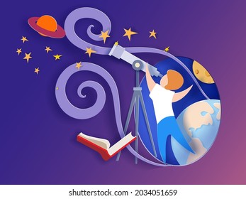 Back to school background with round hole. Paper cut cartoon Little boy looking in telescope in trendy paper cut craft style. Modern origami teaching and learning design. Vector illustration.