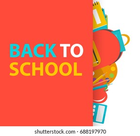Back to school background with satchel, notebooks, pencils, apple, calculator and other education supplies, vector illustration