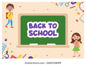 Back to school. Background with schoolchildren, board and phrase. Banner.
