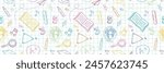 Back to school Background. Seamless Pattern with Doodle supplies. Children colorful Background with scribble. Back to school concept banner and background. Doodles with Colored Pencils in Notebook