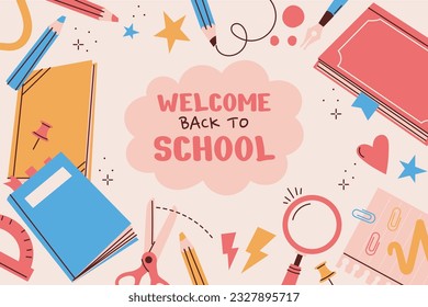 back to school background. back to school season. Vector illustration. poster, banner, flyer. sale banner. stationery background. school season start. school beginning concept. schools accessories.