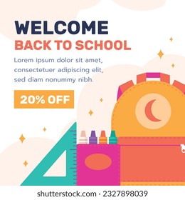 zurück auf Schulhintergrund. zurück zur Schulzeit. Vektorgrafik. Poster, Banner, Flyer. Verkaufsbanner. Schreibtischhintergrund. Schulsaison beginnt. Konzept des Schulbeginns. Schulzubehör