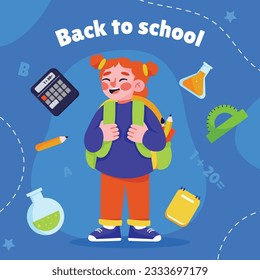 zurück auf Schulhintergrund. zurück zur Schulzeit. Vektorgrafik. Poster, Banner, Flyer. Verkaufsbanner. Schreibtischhintergrund. Schulsaison beginnt. Konzept des Schulbeginns. Schulzubehör