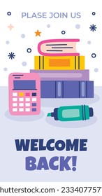 zurück auf Schulhintergrund. zurück zur Schulzeit. Vektorgrafik. Poster, Banner, Flyer. Verkaufsbanner. Schreibtischhintergrund. Schulsaison beginnt. Konzept des Schulbeginns. Schulzubehör