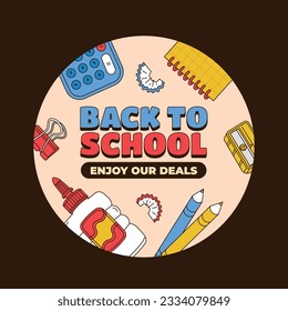 de vuelta a la escuela. de vuelta a la temporada escolar. Ilustración vectorial. banner de venta. fondo de papel. inicio de la temporada escolar. concepto de inicio escolar. accesorios escolares. Etiqueta, Pegatina.