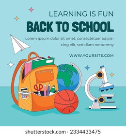 zurück auf Schulhintergrund. zurück zur Schulzeit. Vektorgrafik. Poster, Banner, Flyer. Verkaufsbanner. Schreibtischhintergrund. Schulsaison beginnt. Konzept des Schulbeginns. Schulzubehör