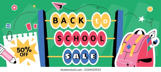 zurück auf Schulhintergrund. zurück zur Schulzeit. Vektorgrafik. Poster, Banner, Flyer. Verkaufsbanner. Schreibtischhintergrund. Schulsaison beginnt. Konzept des Schulbeginns. Schulzubehör