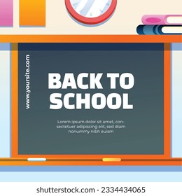 zurück auf Schulhintergrund. zurück zur Schulzeit. Vektorgrafik. Poster, Banner, Flyer. Verkaufsbanner. Schreibtischhintergrund. Schulsaison beginnt. Konzept des Schulbeginns. Schulzubehör