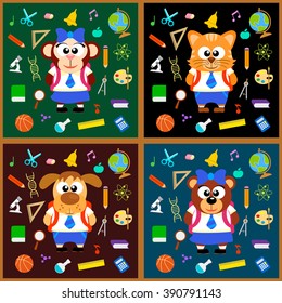 Back to school background set with animals.Vector illustration