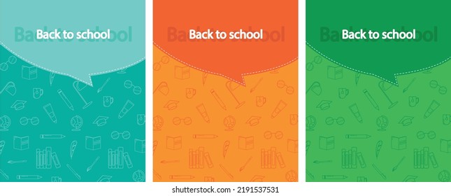 Back to School background. Set of education banners. Green, orange and blue vector illustration. Line art.