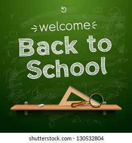 Back to school background, shelf on green chalkboard, vector illustration.