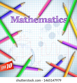 Back to school background with sketch hatching mathematical elements and colorful pencils on paper sheet vector illustration