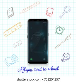 Back to school background with smartphone and school supplies set, vector illustration.
