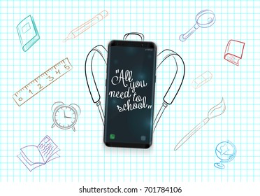 Back to school background with smartphone and school supplies set, vector illustration. All you need to school