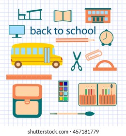 Back to school background with stationary, building, school bus.