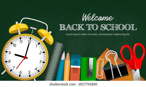 Back to school background with stationeries and chalk writing on green chalkboard illustration