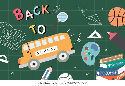 back to school background with stationery for horizontal design