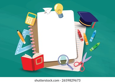 Voltar ao plano de fundo da escola com papel de carta e ilustração de vetor de notebook
