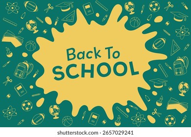Back to school background stationery supplies elements green yellow vector illustration shopping template design
