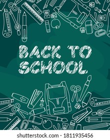 Back to school background for sticker and poster. Study supplies and blackboard.