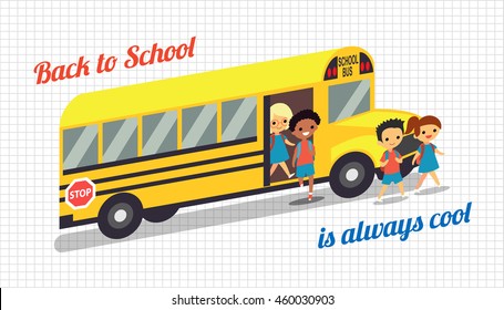 Back to school background with students children and bus. Vector eps 10 format.