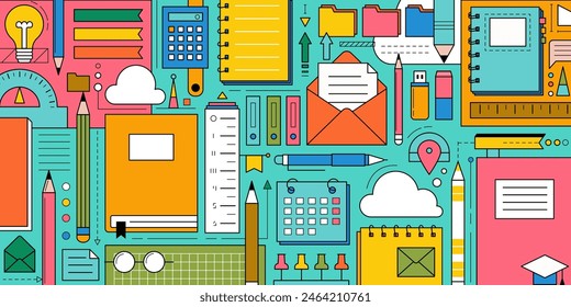 De vuelta a la escuela con material de estudio y papelería de oficina. Póster geométrico de educación y concepto de trabajo con iconos de pluma, lápiz, libro, cuaderno, calendario y carpetas, Ilustración vectorial