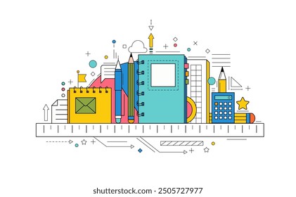 Back to school background with study supplies and office stationery. Geometric poster of education and work concept with icons of pencil, book, notebook, letter and calculator, vector illustration