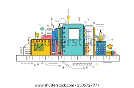 Back to school background with study supplies and office stationery. Geometric poster of education and work concept with icons of pencil, book, notebook, letter and calculator, vector illustration