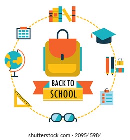 Back to school background with study theme icons. Backpack,glasses,books and etc. Vector illustration